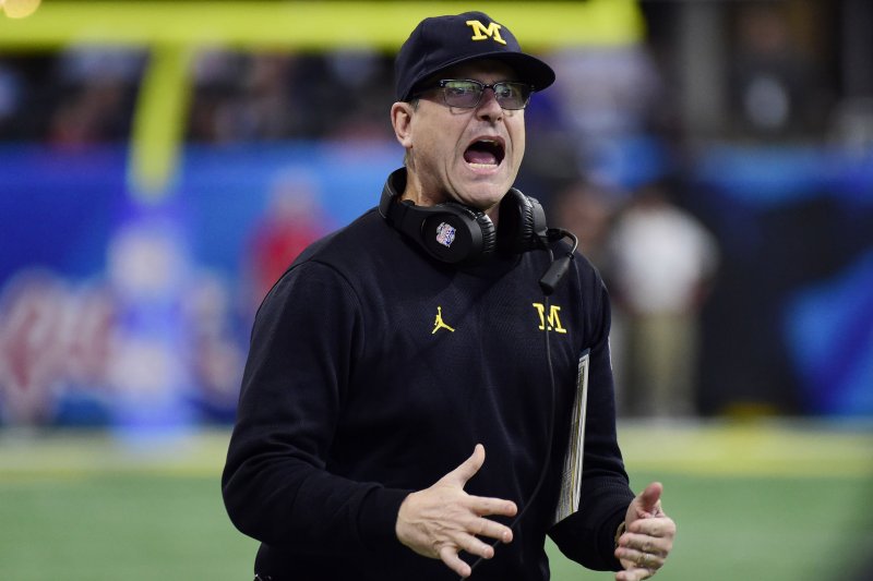 Michigan Wolverines head coach Jim Harbaugh reacts during the first half of the Chick-fil-A Peach Bowl on December 29 at Mercedes-Benz Stadium in Atlanta. Photo by David Tulis/UPI