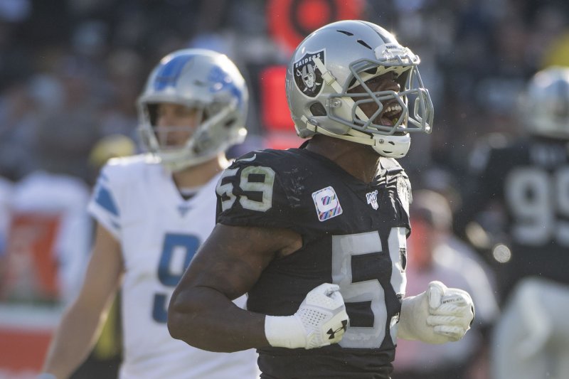 The Las Vegas Raiders will save $6.25 million in cap space after releasing starting linebacker Tahir Whitehead. File Photo by Terry Schmitt/UPI