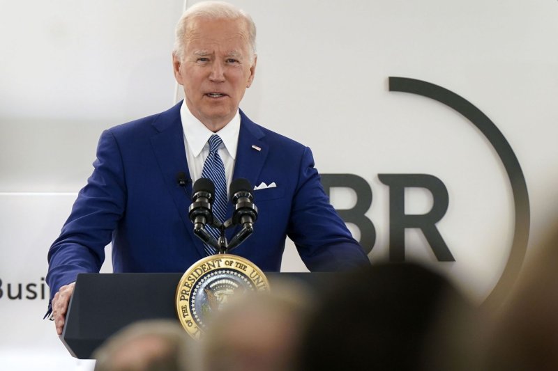 President Joe Biden speaks during the Business Roundtable's CEO Quarterly Meeting in Washington, D.C., on Monday. Photo by Leigh Vogel/UPI | <a href="/News_Photos/lp/8e6df0e4bdf39bf0073a16a0742a70a1/" target="_blank">License Photo</a>