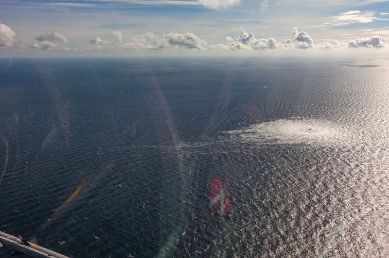 View taken from a Danish F-16 interceptor of the Nord Stream 2 gas leak just south of Dueodde, Denmark, on Tuesday, September 27, 2022. Ukrainian officials on Wednesday sought to deny a report that forces loyal to the country were behind the attack. File photo by Danish Defense/UPI