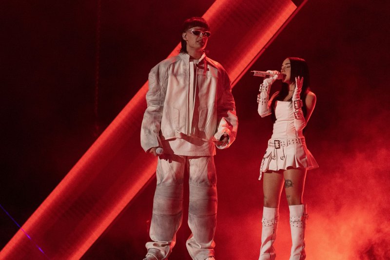 Peso Pluma and Nicki Nicole perform at the 2023 Latin Billboard Music Awards at the University of Miami, Watsco Center on October 5 in Coral Gables, Fla. File Photo by Gary I Rothstein/UPI
