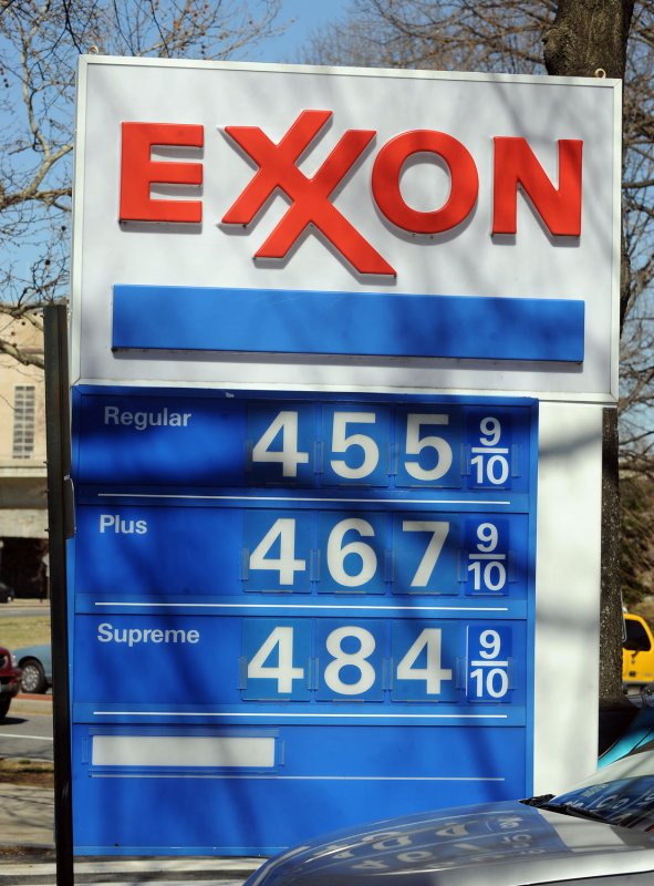 A sign at an Exxon gas station in Northwest Washington boasts gas prices of $4.559 for regular and $4.849 for supreme on March 7, 2011. UPI/Roger L. Wollenberg.
