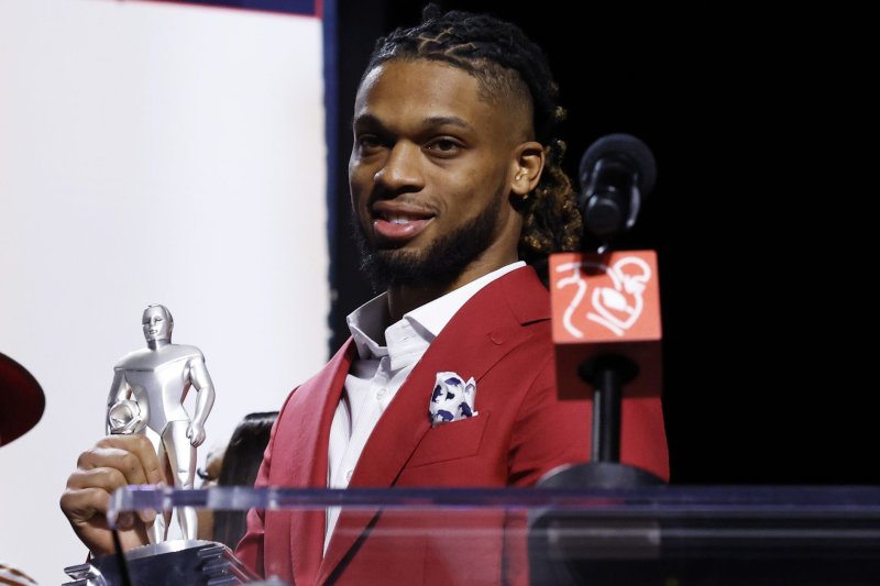 Buffalo Bills safety Damar Hamlin receives the NFL Players Association Alan Page Community Award at a news conference Wednesday at the Phoenix Convention Center. Photo by John Angelillo/UPI