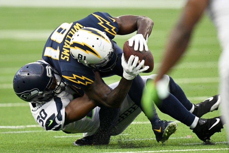 Los Angeles Chargers wide receiver Mike Williams (81) injures his ankle under Seattle Seahawks cornerback Michael Jackson on Sunday at SoFi Stadium in Inglewood, Calif. Photo by Jon SooHoo/UPI