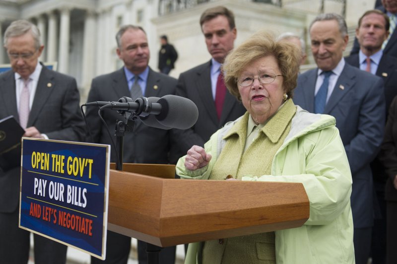 Sen. Barbara Mikulski (D-MD), joined by democratic senators, speaks at a press conference on the partial government shutdown on the steps of the U.S. Capitol Building on October 9, 2013 in Washington, D.C. UPI/Kevin Dietsch