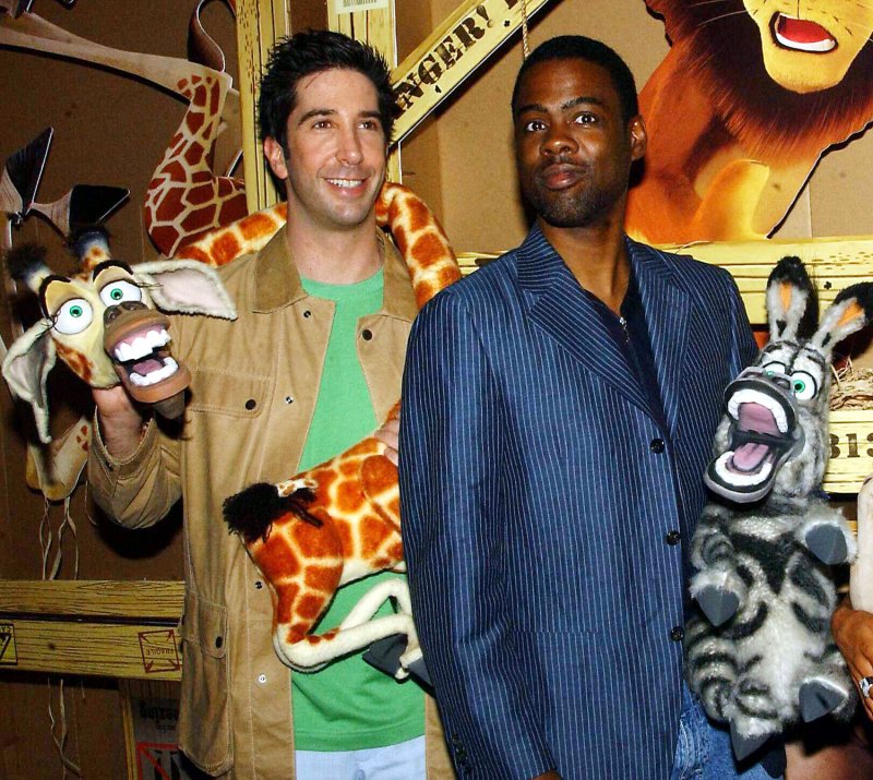 Actors David Schwimmer, Chris Rock (left to right) voice talent of the Dreamworks animated film "Madagascar" arrive for the May 15, 2005 New York premiere of their film. (UPI Photo/Ezio Petersen)