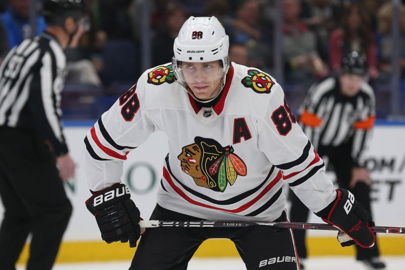 Chicago Blackhawks forward Patrick Kane logged three goals and an assist in a win over the Ottawa Senators on Monday in Chicago. File Photo by Bill Greenblatt/UPI