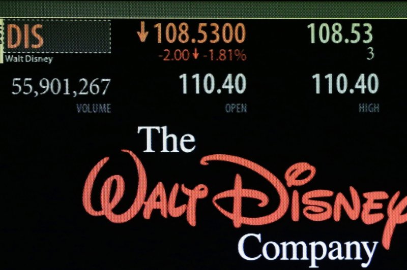 The Disney Co. logo is seen on a board at the New York Stock Exchange in New York City. Disney is one of a number of media companies investing in NewTV, a video streaming venture spearheaded by Jeffrey Katzenberg to compete with Netflix. File Photo by John Angelillo/UPI