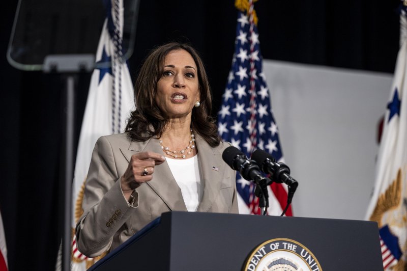 Vice President Kamala Harris speaks at the C.W. Avery Family YMCA in Plainfield, Ill., on Friday. Photo by Christopher Dilts/UPI