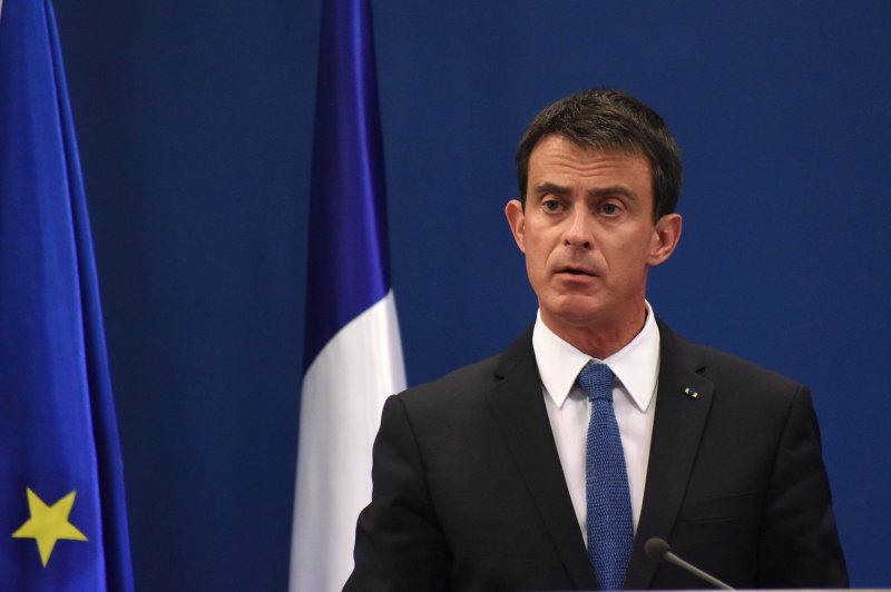 French Prime Minister Manuel Valls attends a news conference in Ramallah, West Bank, in May. Monday, the socialist politician announced he will step down as prime minister to run for the presidency, which will be vacated by incumbent Francois Hollande early next year. File Photo by Debbie Hill/UPI