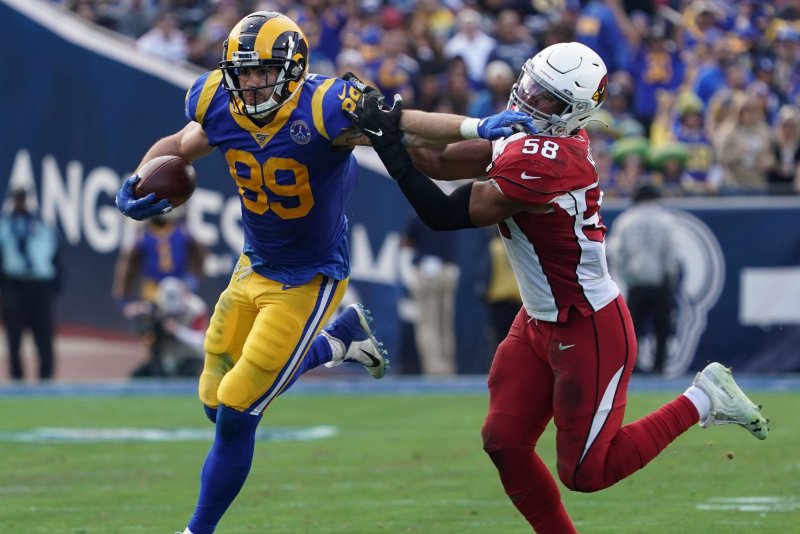 Los Angeles Rams tight end Tyler Higbee (L) is a must-start play in all leagues that require starting the position. File Photo by Jon SooHoo/UPI