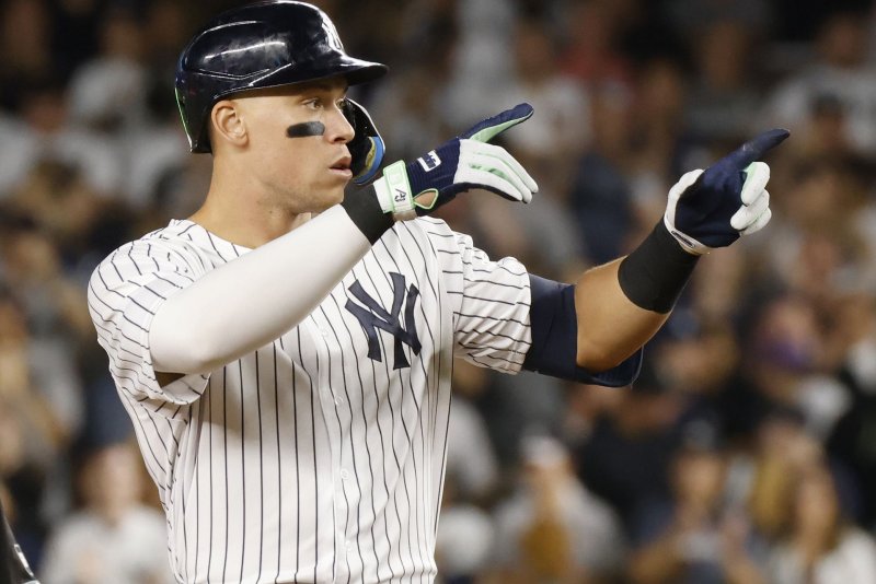 New York Yankees outfielder Aaron Judge gestures after hitting a double in the first inning against the Pittsburgh Pirates on Wednesday at Yankee Stadium in New York. Photo by John Angelillo/UPI | <a href="/News_Photos/lp/2fe74861bcb13c21149d3c0b0a84e89e/" target="_blank">License Photo</a>