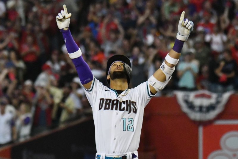 Arizona Diamondbacks left fielder Lourdes Gurriel Jr. celebrates after hitting an RBI double in the seventh inning against the Philadelphia Phillies in Game 3 of the NLCS on Thursday at Chase Field in Phoenix. Photo by Rick D'Elia/UPI