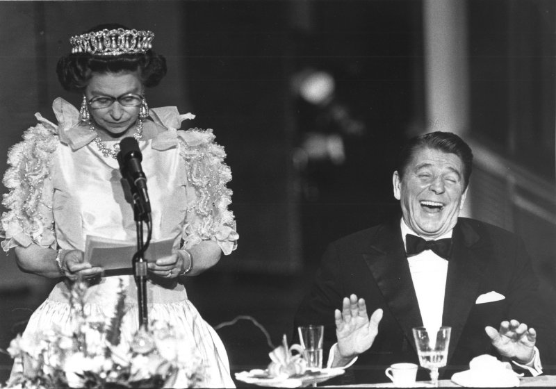 Queen Elizabeth II attends a state dinner with President Ronald Reagan on March 3, 1983, at San Francisco's M.F. de Young Museum. Today in 1953, Queen Elizabeth II was crowned in London's Westminster Abbey by the Archbishop of Canterbury. File Photo by Don Rypka/UPI