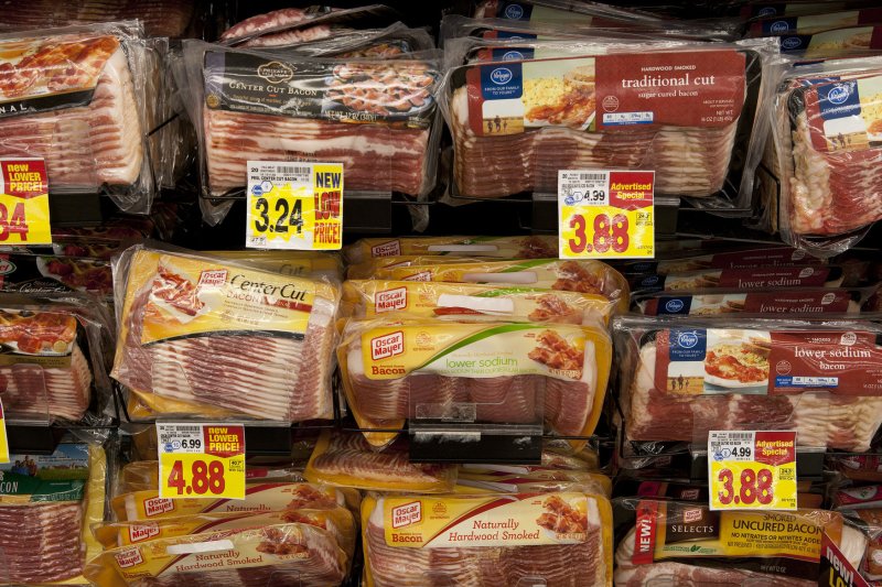 Normal quality sperm in men linked to eating limited processed meat. Packaged bacon is displayed at a supermarket in Lakewood, Colorado. UPI/Gary C. Caskey