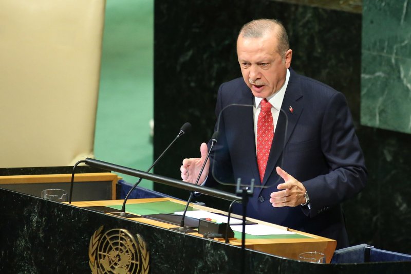 Turkish President Recep Tayyip Erdogan speaks at the United Nations General Assembly in September in New York. File Photo by Monika Graff/UPI