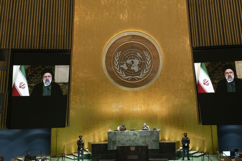 Iran's President's Ebrahim Raisi remotely addresses the 76th Session of the U.N. General Assembly on Tuesday, September 21, 2021 in New York City. Photo by Eduardo Munoz/UPI