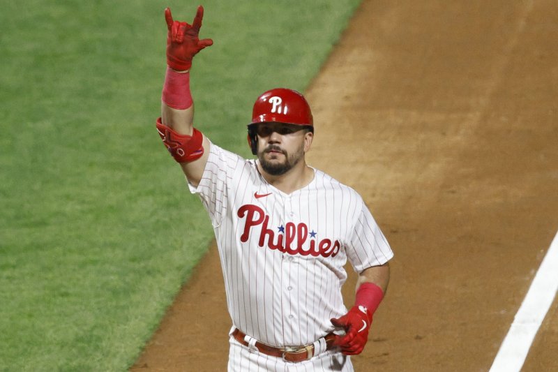 Philadelphia Phillies designated hitter Kyle Schwarber celebrates hitting a solo home run against the Arizona Diamondbacks in Game 2 of the NLCS on Tuesday at Citizens Bank Park in Philadelphia. Photo by Laurence Kesterson/UPI