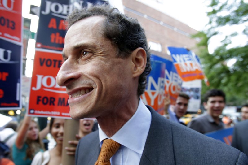 Anthony Weiner, former Democratic candidate for mayor of the city of New York, arrives at a mayoral debate in August 2013. File Photo by John Angelillo/UPI