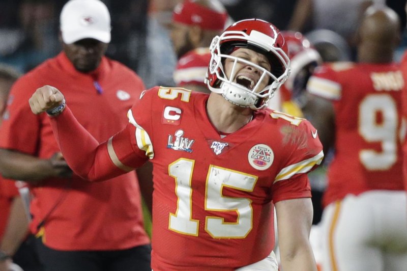 Kansas City Chiefs quarterback Patrick Mahomes, shown Feb. 2, 2020, completed 33 of 44 pass attempts for 378 yards and three touchdowns against the Buffalo Bills on Sunday. File Photo by John Angelillo/UPI | <a href="/News_Photos/lp/5a0a13b60328c3d58b7cdde16b9e9881/" target="_blank">License Photo</a>