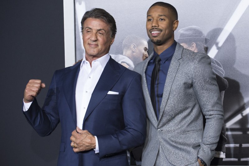 "Creed" stars Sylvester Stallone (L) and Michael B. Jordan (R). Stallone has stepped down as director on sequel "Creed 2" to make way for Steven Caple Jr. File Photo by Phil McCarten/UPI