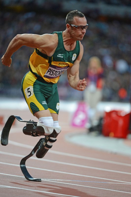 Oscar Pistorius, shown in this file photo at the London 2012 Summer Olympics in 2012, was sentenced Wednesday to six years for the murder of his girlfriend model Reeva Steenkamp, on February 14, 2013, in Pretoria, South Africa. Photo by UPI/Terry Schmitt