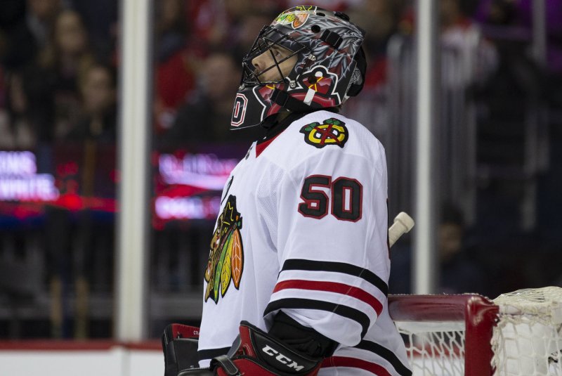 Chicago Blackhawks goaltender Corey Crawford allowed two goals in the third period of a loss to the Vegas Golden Knights on Tuesday at Rogers Place in Edmonton, Alberta, Canada. File Photo by Alex Edelman/UPI
