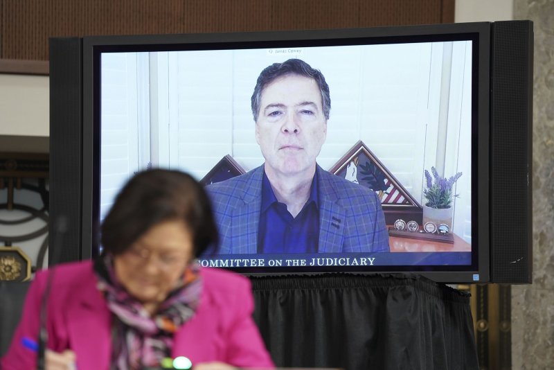 Former FBI Director James Comey testifies via videoconference during a Senate judiciary committee hearing in Washington on Wednesday. Photo by Stefani Reynolds/UPI | <a href="/News_Photos/lp/eacdb2eef8f75af8feb7f29040d65bc8/" target="_blank">License Photo</a>