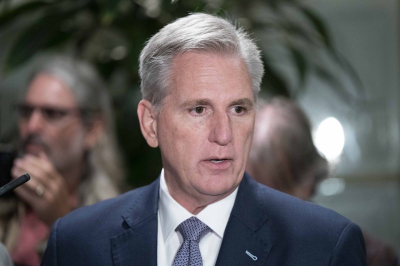 Former House Speaker Kevin McCarthy (pictured) is accused of throwing an elbow at a fellow House member while, in another instance, a U.S. senator challenged an organized labor leader to a fistfight Tuesday, marking a tense day on Capitol Hill. File Photo by Bonnie Cash/UPI