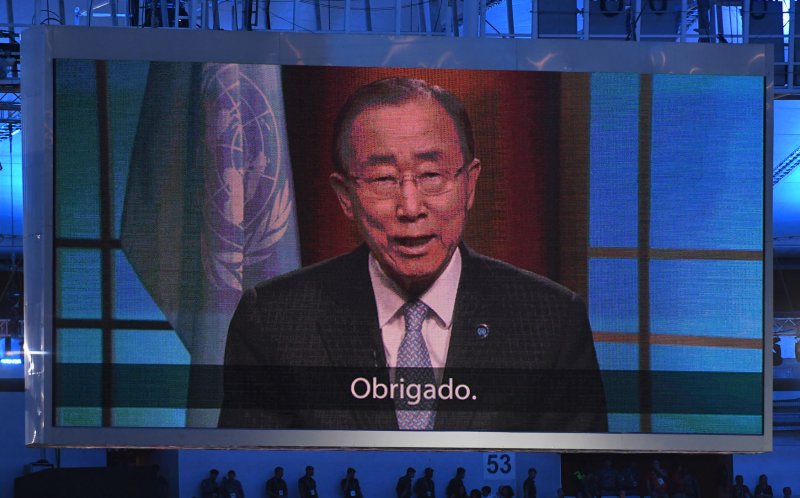 Ban Ki-moon, Secretary-General of the United Nations, speaks on video during the Opening Ceremony of the 2016 Rio Summer Olympics in Rio de Janeiro, Brazil, August 5, 2016. Moon and the UN Security council condemned North Korea's fifth and largest nuclear test, prompting a defiant response from the country. North Korea accused the U.S. of "nuclear bullying" and called South Korea's leadership "military gangsters" in response to the criticism. Photo by Terry Schmitt/UPI