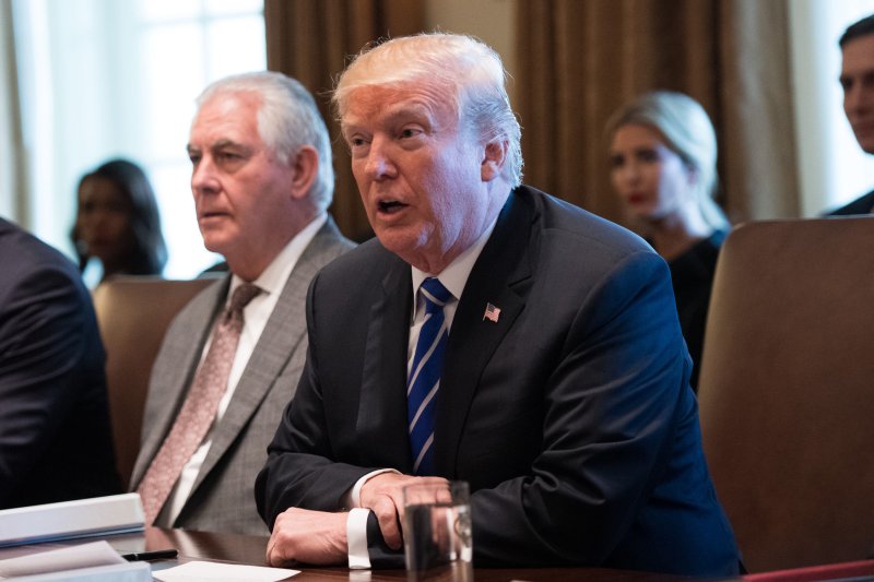 President Donald Trump speaks alongside Secretary of State Rex Tillerson during a Cabinet meeting at the White House on Monday. Photo by Kevin Dietsch/UPI