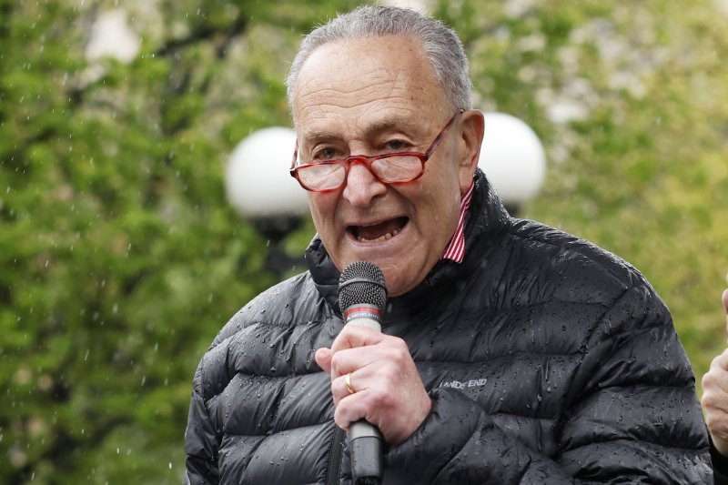 Sen. Chuck Schumer, D-N.Y., speaks at the New York Cannabis Parade and Rally in Union Square in New York City on May 7. File Photo by John Angelillo/UPI | <a href="/News_Photos/lp/9d764793ba11f7b6a7b624ea13a19595/" target="_blank">License Photo</a>