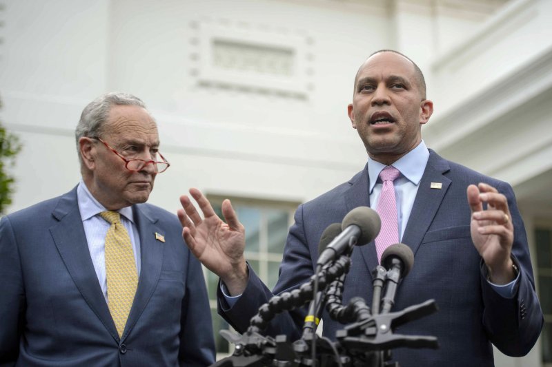 Senate Majority Leader Chuck Schumer, D-NY, looks on as.House Minority Leader Hakeem Jeffries, D-NY, speaks outside the Oval Office after speaking with President Joe Biden on debt ceiling negotiations at the White House in Washington, DC on Tuesday, May 16, 2023. Photo by Bonnie Cash/UPI