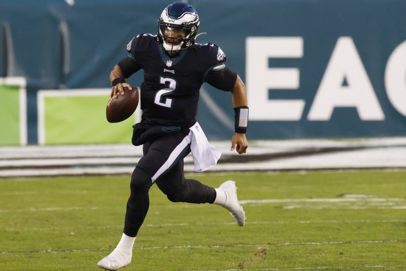Philadelphia Eagles quarterback Jalen Hurts completed 20 of 26 passes for 296 yards, one score and an interception in a win over the Washington Football Team on Tuesday in Philadelphia. File Photo by John Angelillo/UPI