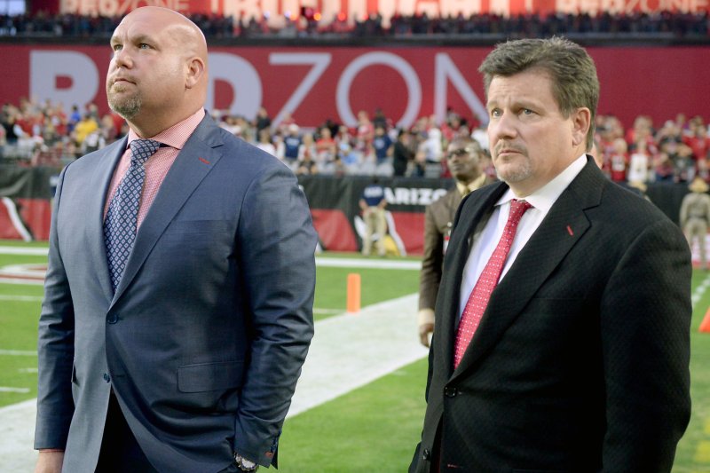 Arizona Cardinals general manager Steve Keim (L) and owner and CEO Michael Bidwill watch the final minutes of the game against the Tennessee Titans on December 10 at University of Phoenix Stadium in Glendale, Ariz. File photo by Art Foxall/UPI