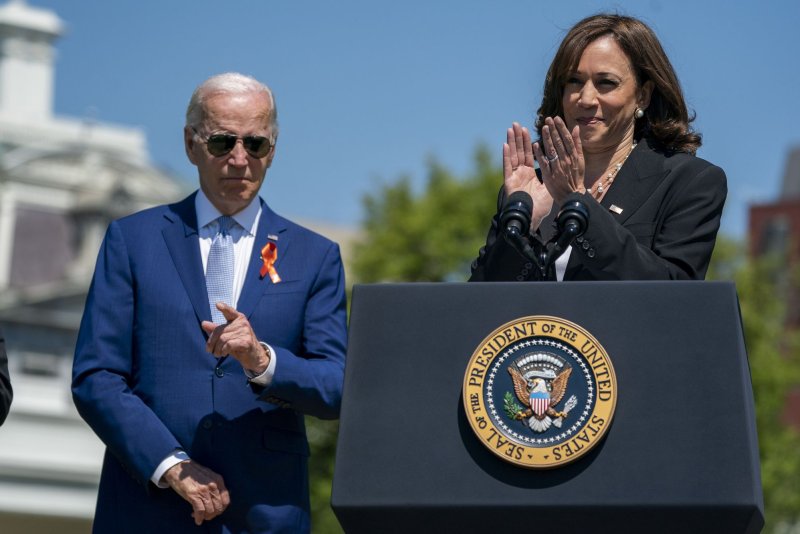 President Joe Biden looks on as Vice President Kamala Harris delivers remarks on the South Lawn of the White House on July 11. Biden will address Harris' reproductive health task force on Wednesday. Photo by Shawn Thew/UPI