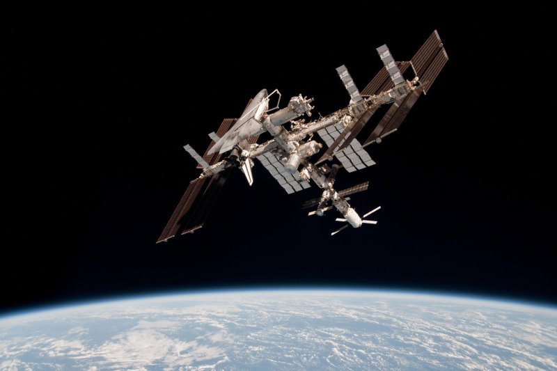 In a newly released photo series, the Space Shuttle Endeavour is docked to the International Space Station on May 23, 2011. The photos were taken by cosmonauts aboard the Russian space capsule Soyuz, and are the first images taken of a shuttle docked to the station from the perspective of a Russian Soyuz spacecraft. UPI/NASA