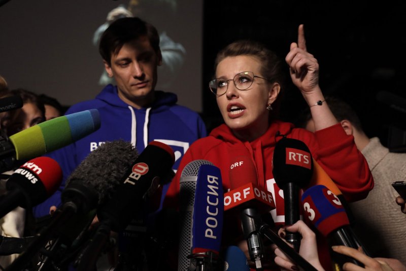 Presidential hopeful Ksenia Sobchak talks to the media at her last campaign event in Moscow on Thursday two days ahead of presidential elections in Russia. Photo by Yuri Gripas/UPI