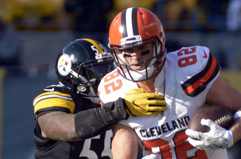 Former Cleveland Browns tight end Gary Barnidge (82) gains 15 yards before Pittsburgh Steelers outside linebacker Arthur Moats (55) makes the tackle in second quarter on January 1 at Heinz Field in Pittsburgh, Pa. File photo by Archie Carpenter/UPI