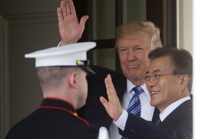 North Korea accused South Korean President Moon Jae-in (R) of “pro-American toadyism” on Friday. Photo by Molly Riley/UPI