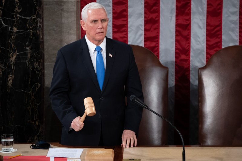 Former U.S. Vice President Mike Pence presides over a joint session of Congress to count the Electoral College votes from the 2020 presidential election on Jan. 6, 2021. File Photo by Saul Loeb/UPI | <a href="/News_Photos/lp/deb913c8430e92bd204a44cd0c21fa97/" target="_blank">License Photo</a>