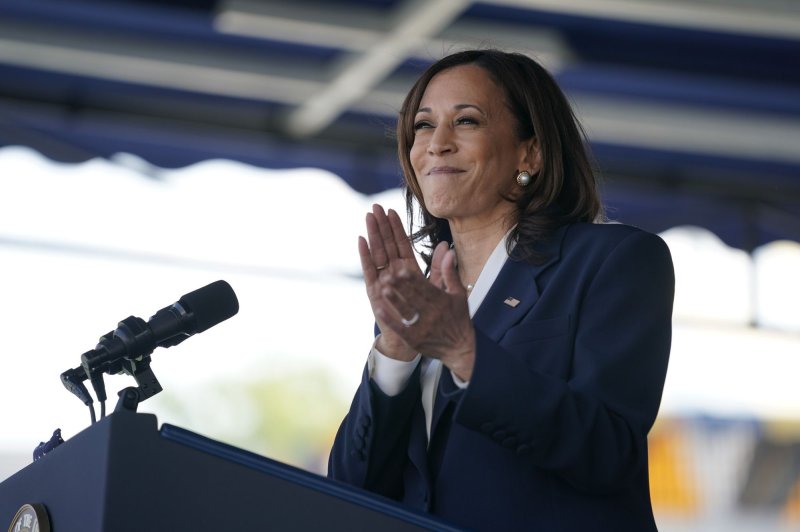 Vice President Kamala Harris delivers the keynote address for the graduating class at the U.S. Naval Academy in Annapolis, Md., on May 28, 2021. This year, she will give the address at the Coast Guard Academy in Connecticut. File Photo by Alex Edelman/UPI