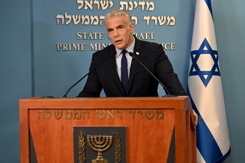 Israeli Prime Minister Yair Lapid speaks Wednesday at a security briefing for the foreign media, urging the West to scrap its nuclear deal with Iran. Photo by Debbie Hill/UPI | <a href="/News_Photos/lp/e29369a09c34684511cfad6baef9bd09/" target="_blank">License Photo</a>