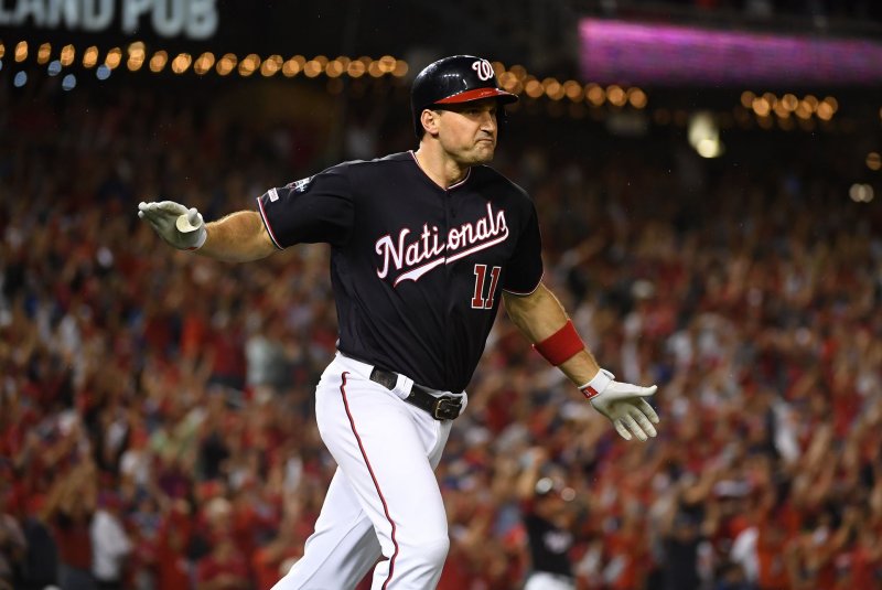 Washington Nationals infielder Ryan Zimmerman, shown Oct. 7, 2019, helped the franchise win a World Series title in 2019. File Photo by Kevin Dietsch/UPI