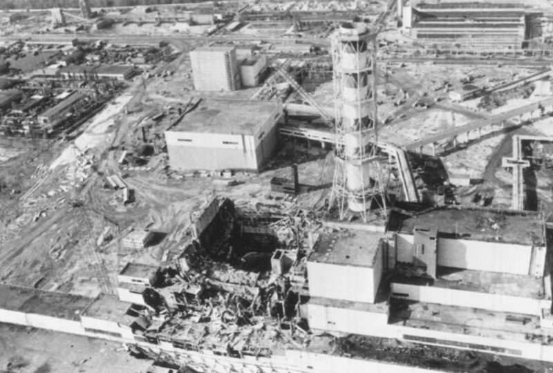 An aerial photograph of the damage caused to the Chernobyl Nuclear Power Plant, Ukraine, caused by the explosion on April 26, 1986. UPI/INS