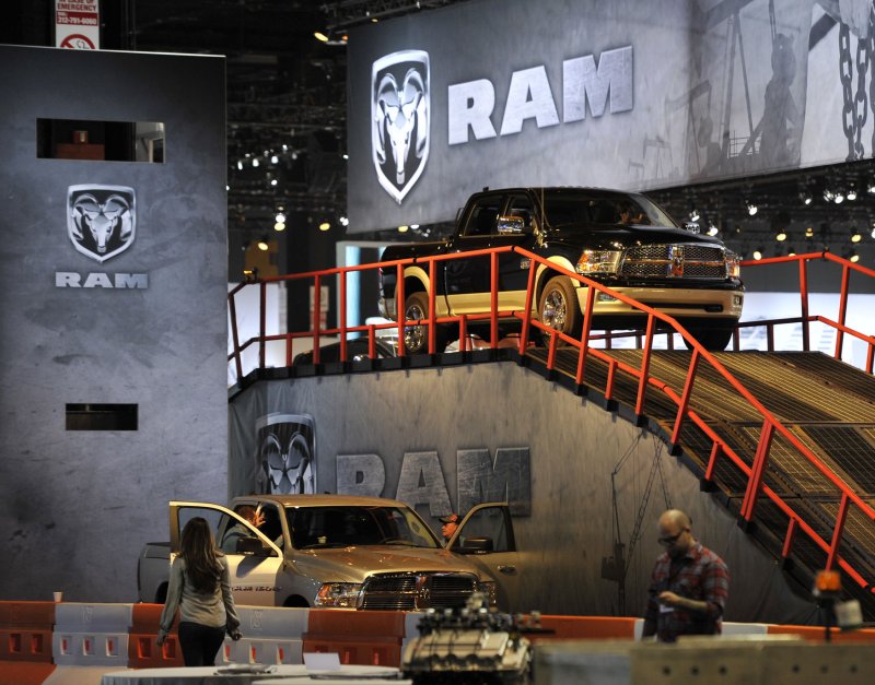 A Ram pickup truck is on display at the Chicago Auto Show. Fiat Chrysler Automobiles NV announced a recall of the truck on Friday for a possible software problem involving safety systems, affecting 1.2 million vehicles. File Photo by Brian Kersey/UPI