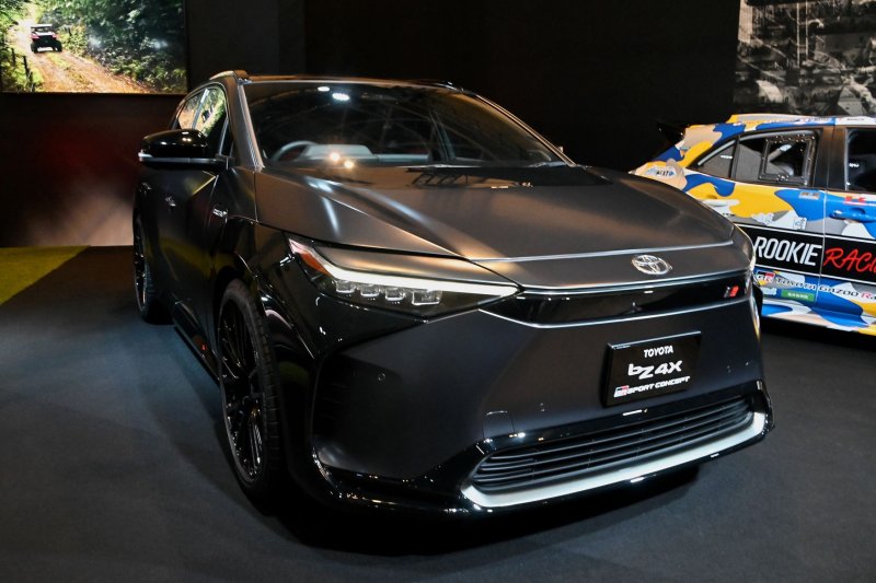 Toyota's bZ4X is seen displayed during the Tokyo Auto Salon 2022 at Makuhari messe in Chiba prefecture, Japan, on January 15. The company recalled the vehicle after a problem with nuts or bolts caused wheels to fall off. File Photo by Keizo Mori/UPI | <a href="/News_Photos/lp/7dccd8addd5fb736886362f2839bcc06/" target="_blank">License Photo</a>