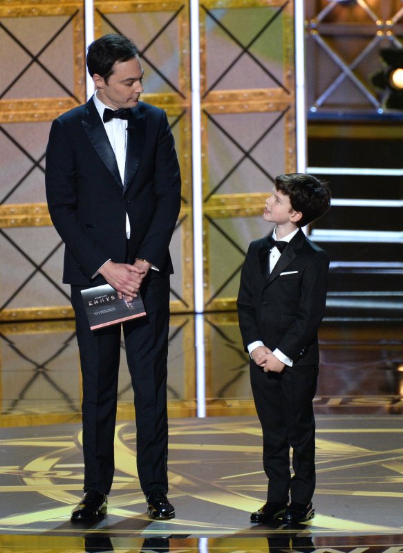 Actors Jim Parsons (L) and Iain Armitage onstage during the 69th annual Primetime Emmy Awards in Los Angeles on September 17. More than 17.2 million viewers tuned in for the premiere of their show "Young Sheldon" this week. Photo by Jim Ruymen/UPI | <a href="/News_Photos/lp/bf9fbeb9904a89abedf99eecc3d8ce80/" target="_blank">License Photo</a>