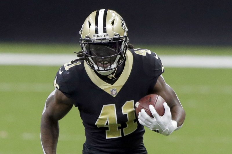 New Orleans Saints running back Alvin Kamara, shown Sept. 27, 2020, missed last week's game against the Tennessee Titans because of a knee injury. File Photo by AJ Sisco/UPI | <a href="/News_Photos/lp/96e490b4af219cfcb3a3a20e4fcf1a5f/" target="_blank">License Photo</a>