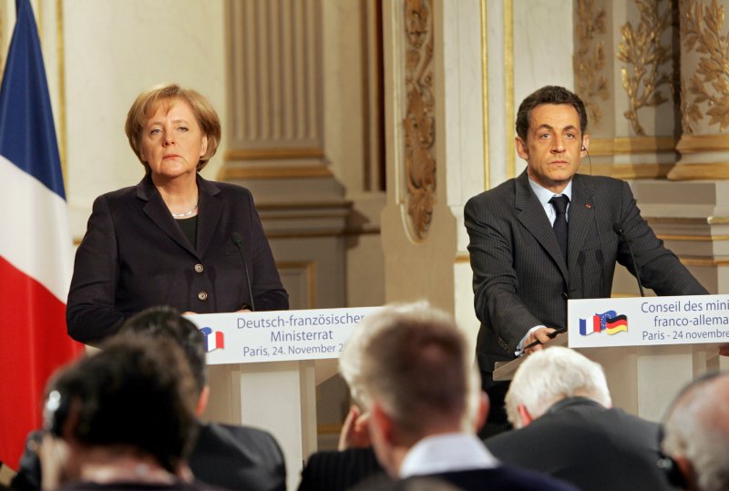 FLASHBACK: French President Nicolas Sarkozy and visiting German Chancellor Angela Merkel (L) give a joint press conference at the end of a meeting at the Elysee Palace in Paris, November 24, 2008. The two leaders said they were considering further steps for a European Union stimulus package -- while ruling out sales-tax cuts -- to bolster the economy. (UPI Photo/Eco Clement) | <a href="/News_Photos/lp/23ebf1d68dcb1f0989993c9e282ee5ef/" target="_blank">License Photo</a>
